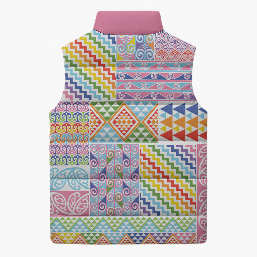 Aotearoa Kowhaiwhai Taniko Patchwork Rainbow Motifs Sleeveless Puffer Jacket LT9 - Polynesian Pride