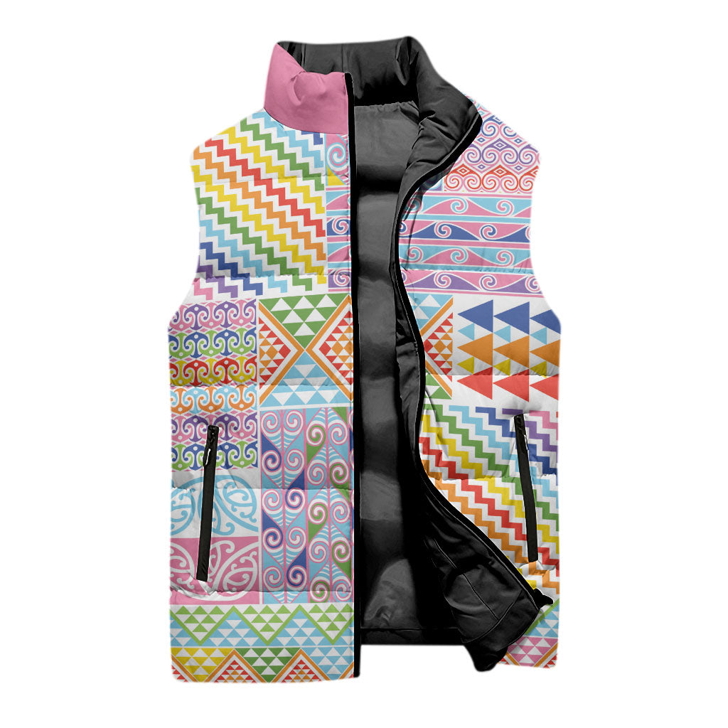 Aotearoa Kowhaiwhai Taniko Patchwork Rainbow Motifs Sleeveless Puffer Jacket LT9 - Polynesian Pride