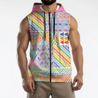 Aotearoa Kowhaiwhai Taniko Patchwork Rainbow Motifs Sleeveless Zip Hoodie LT9 - Polynesian Pride