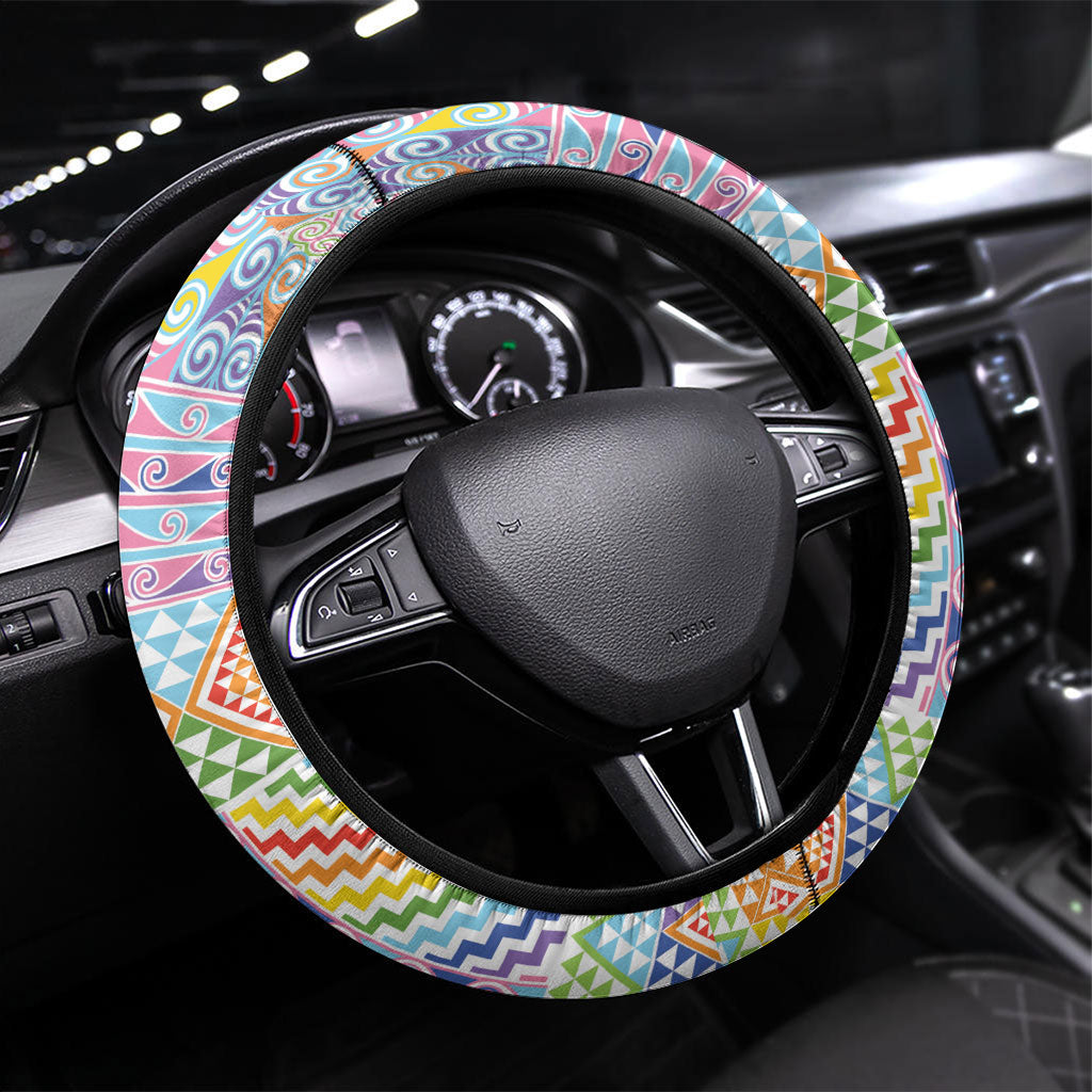 Aotearoa Kowhaiwhai Taniko Patchwork Rainbow Motifs Steering Wheel Cover LT9 Universal Fit Rainbow - Polynesian Pride