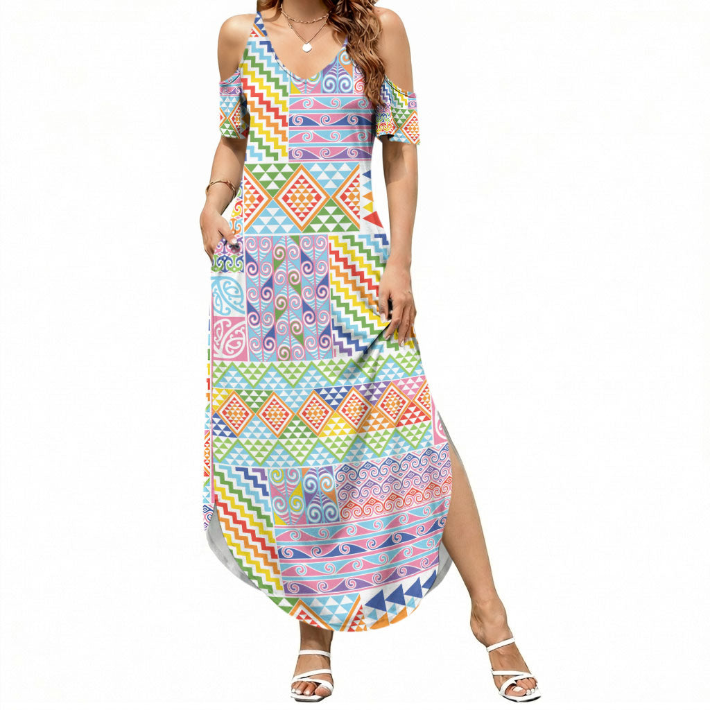 Aotearoa Kowhaiwhai Taniko Patchwork Rainbow Motifs Summer Maxi Dress LT9 Women Rainbow - Polynesian Pride