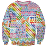Aotearoa Kowhaiwhai Taniko Patchwork Rainbow Motifs Sweatshirt LT9 Unisex Rainbow - Polynesian Pride