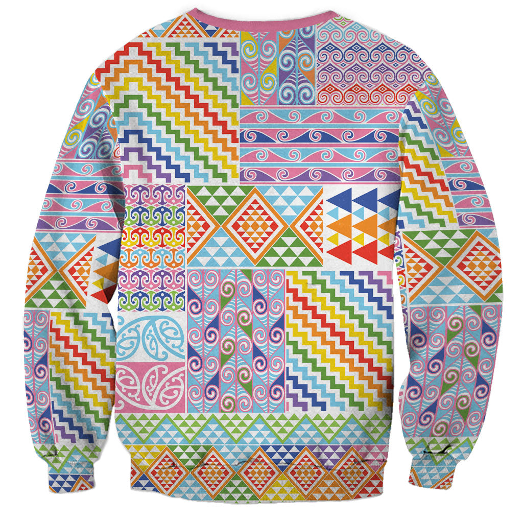 Aotearoa Kowhaiwhai Taniko Patchwork Rainbow Motifs Sweatshirt LT9 - Polynesian Pride