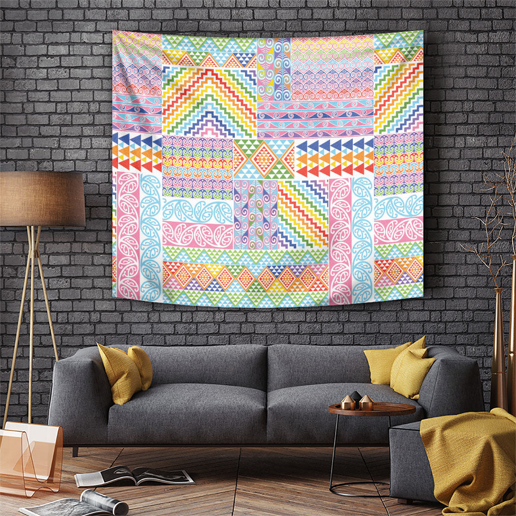 Aotearoa Kowhaiwhai Taniko Patchwork Rainbow Motifs Tapestry