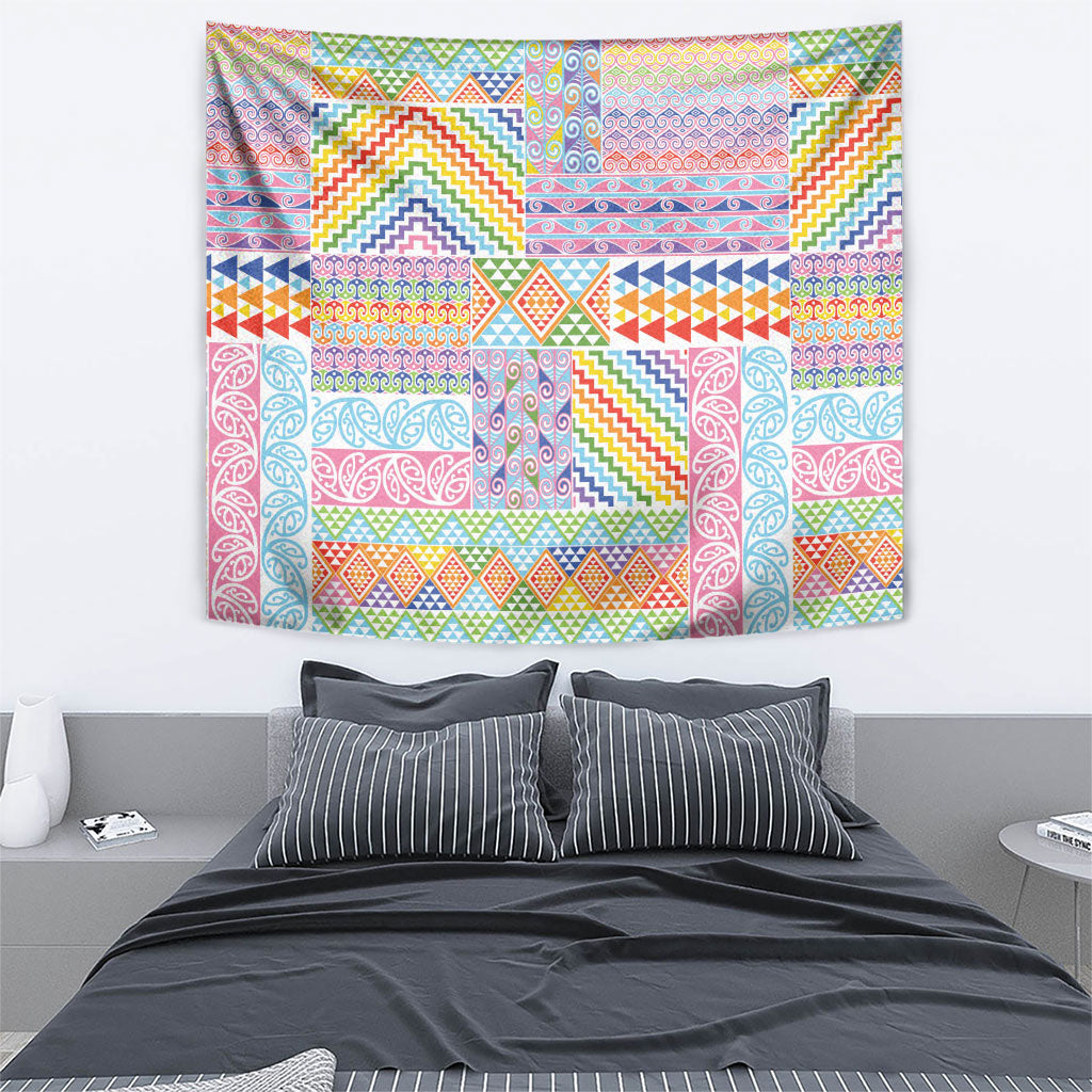 Aotearoa Kowhaiwhai Taniko Patchwork Rainbow Motifs Tapestry