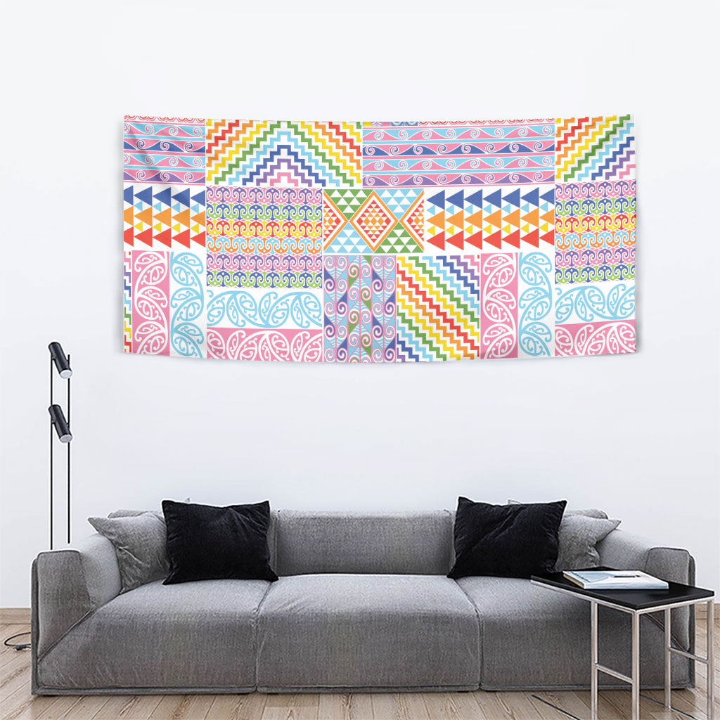Aotearoa Kowhaiwhai Taniko Patchwork Rainbow Motifs Tapestry