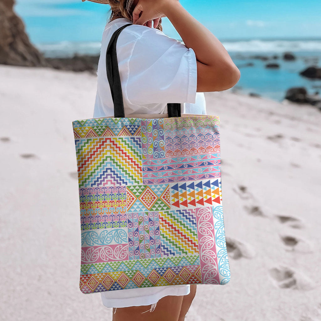 Aotearoa Kowhaiwhai Taniko Patchwork Rainbow Motifs Tote Bag LT9 - Polynesian Pride
