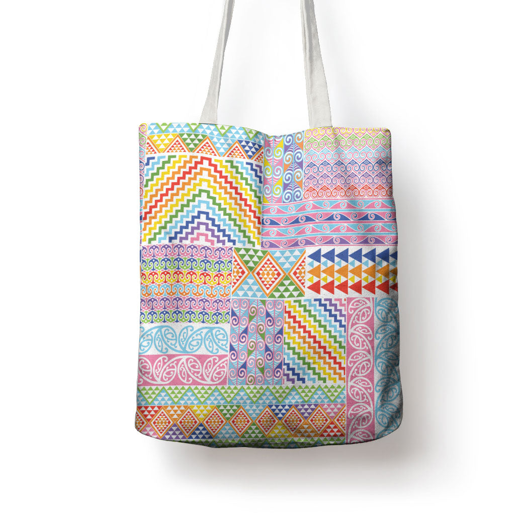 Aotearoa Kowhaiwhai Taniko Patchwork Rainbow Motifs Tote Bag LT9 - Polynesian Pride