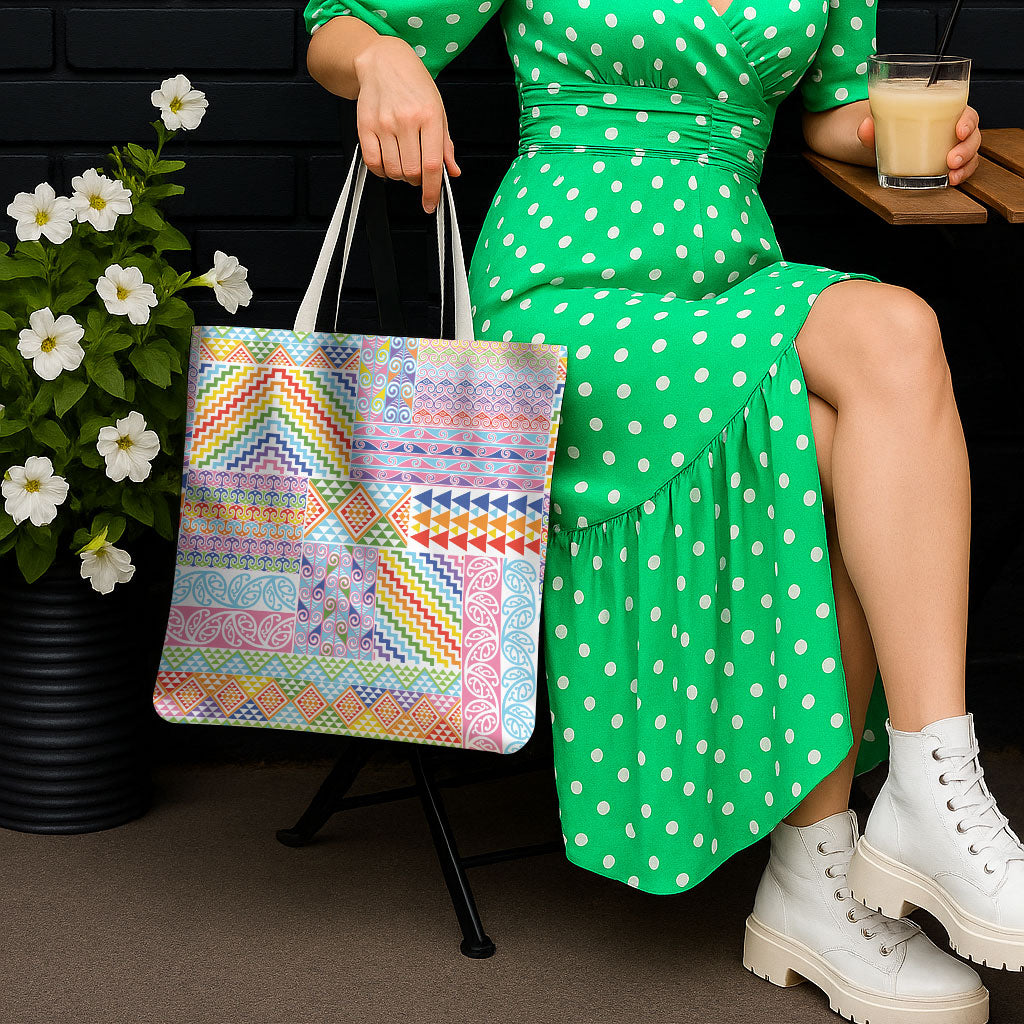 Aotearoa Kowhaiwhai Taniko Patchwork Rainbow Motifs Tote Bag LT9 - Polynesian Pride