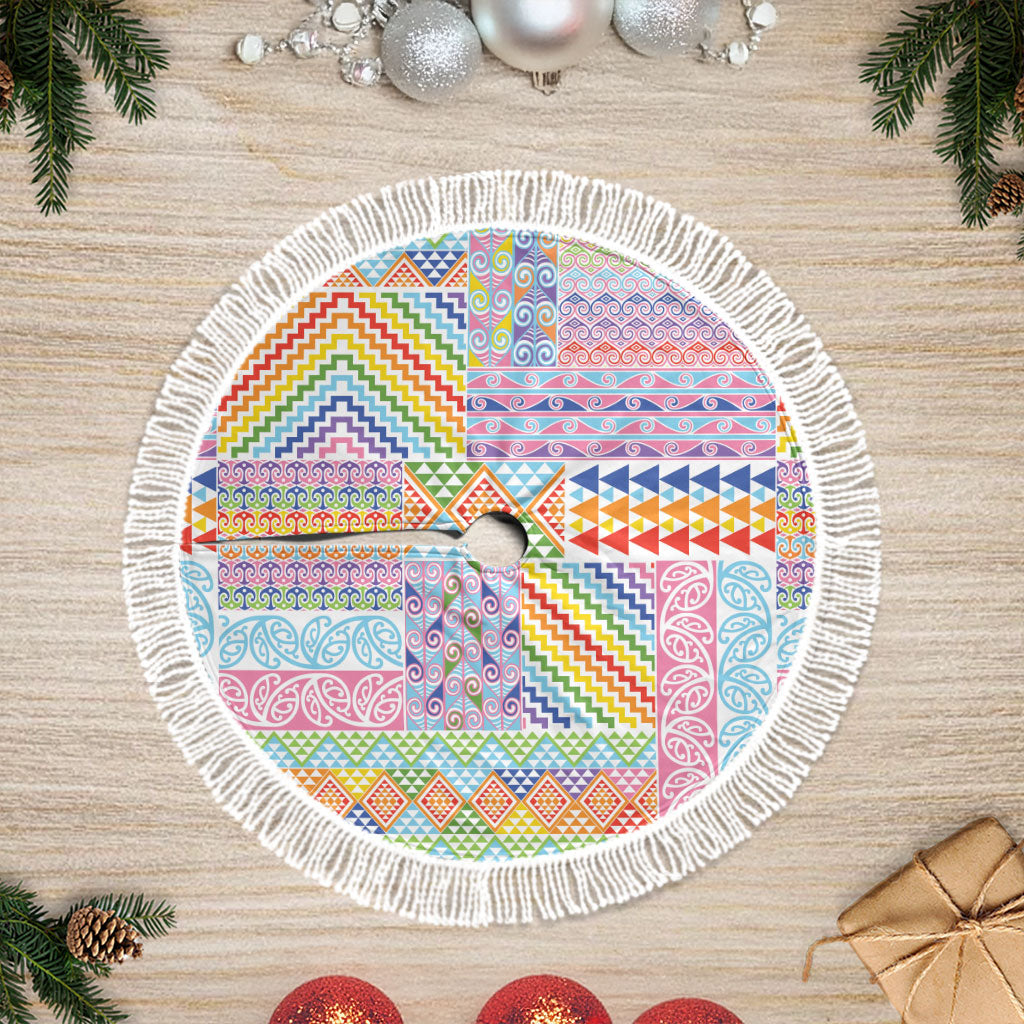 Aotearoa Kowhaiwhai Taniko Patchwork Rainbow Motifs Tree Skirt LT9 Fringed Rainbow - Polynesian Pride