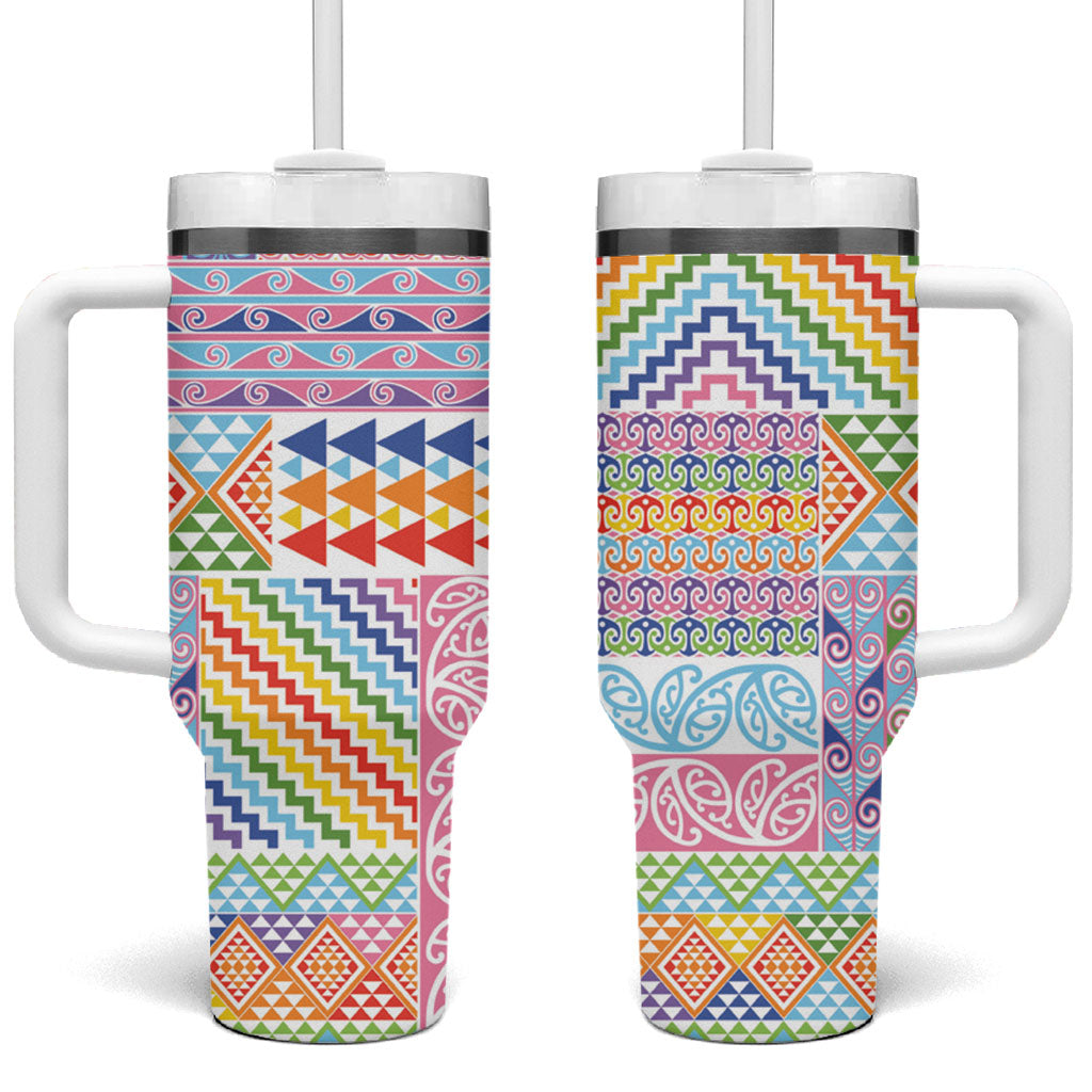 Aotearoa Kowhaiwhai Taniko Patchwork Rainbow Motifs Tumbler With Handle LT9 One Size: 40 oz Rainbow - Polynesian Pride