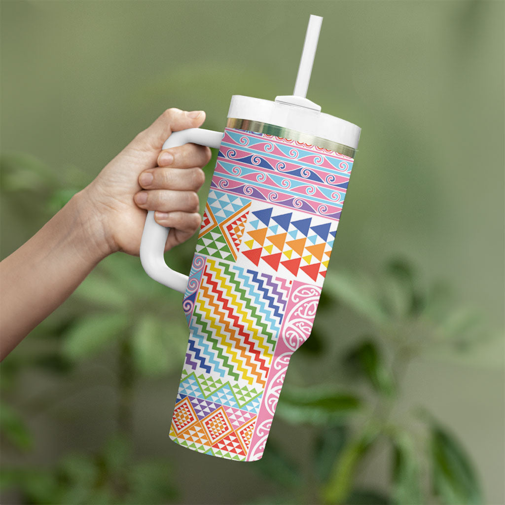 Aotearoa Kowhaiwhai Taniko Patchwork Rainbow Motifs Tumbler With Handle LT9 - Polynesian Pride