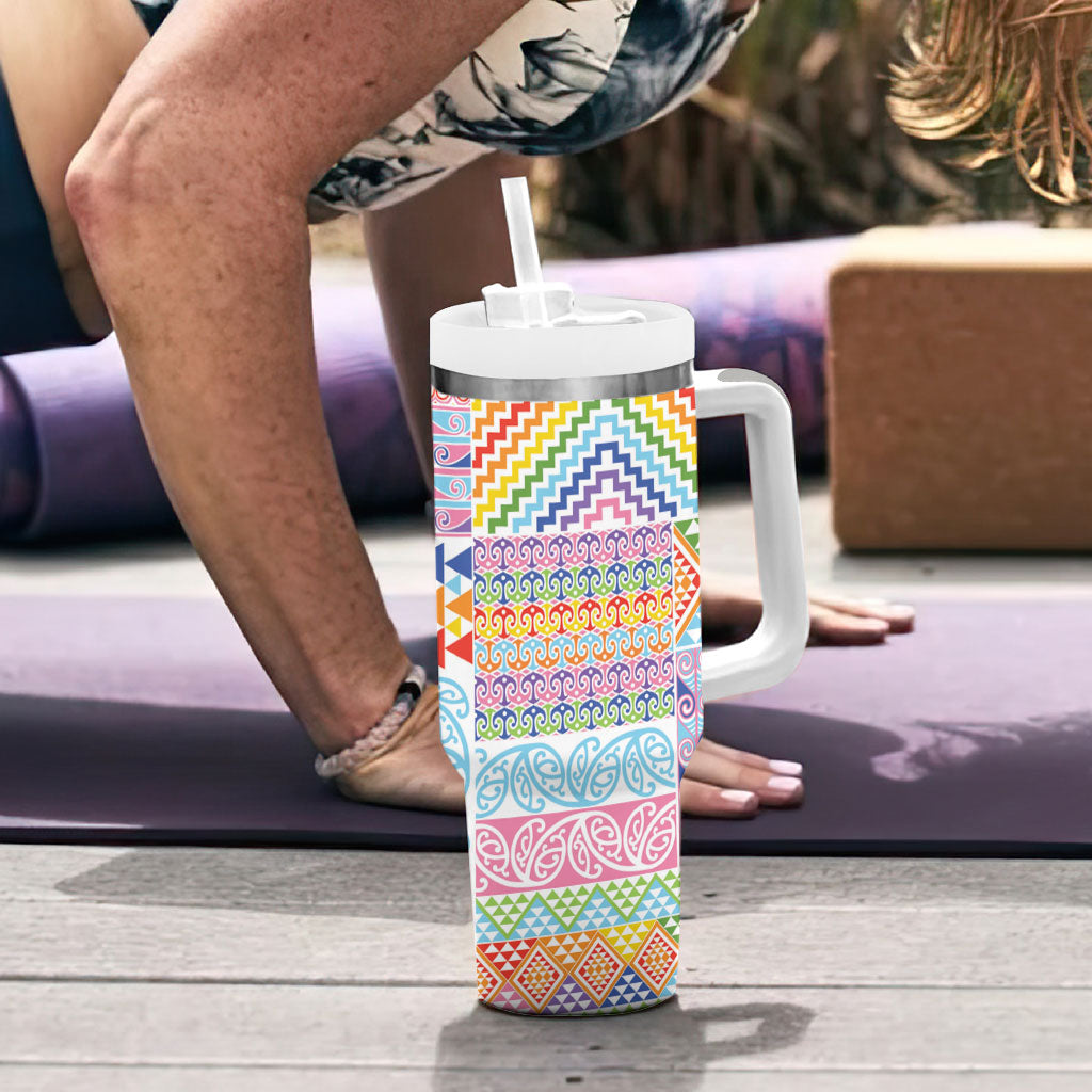 Aotearoa Kowhaiwhai Taniko Patchwork Rainbow Motifs Tumbler With Handle LT9 - Polynesian Pride