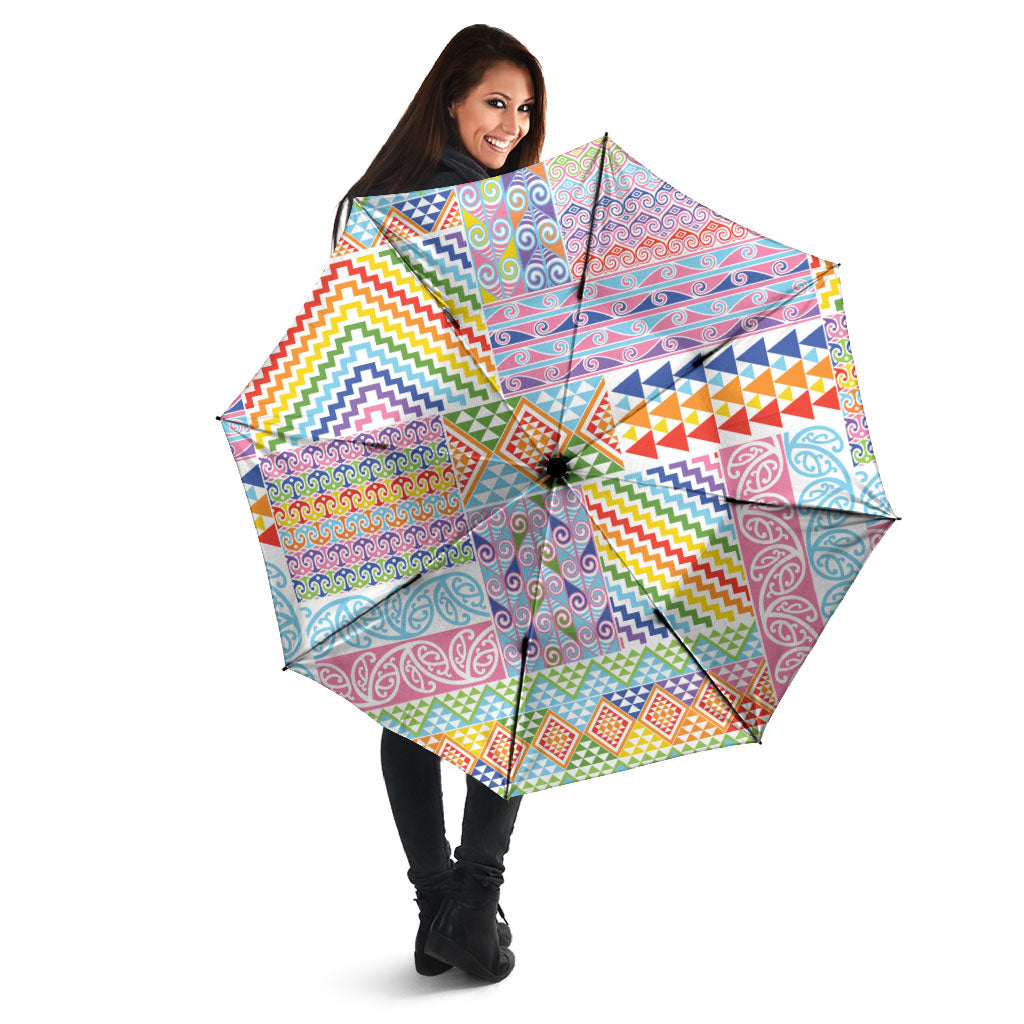 Aotearoa Kowhaiwhai Taniko Patchwork Rainbow Motifs Umbrella