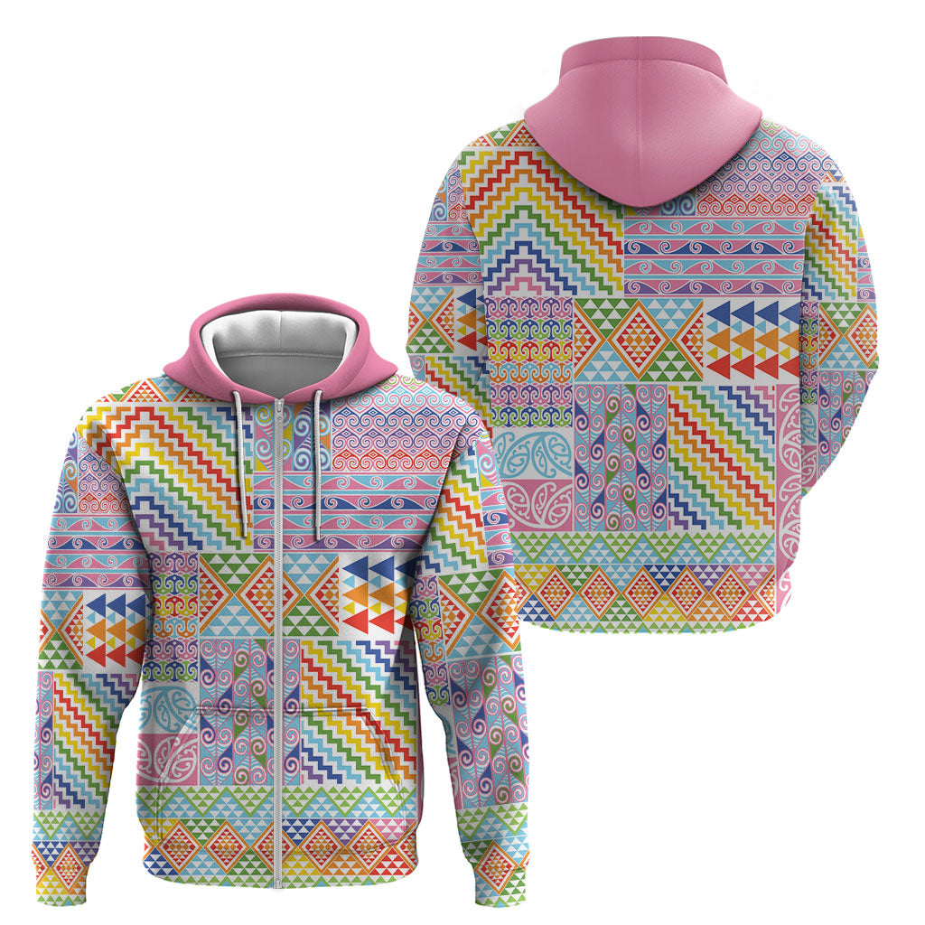 Aotearoa Kowhaiwhai Taniko Patchwork Rainbow Motifs Zip Hoodie LT9 - Polynesian Pride