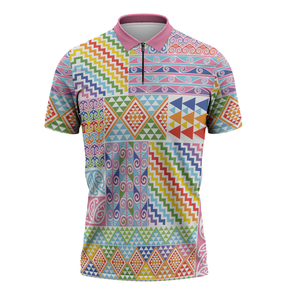 Aotearoa Kowhaiwhai Taniko Patchwork Rainbow Motifs Zipper Polo Shirt LT9 Rainbow - Polynesian Pride