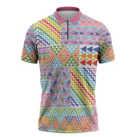 Aotearoa Kowhaiwhai Taniko Patchwork Rainbow Motifs Zipper Polo Shirt LT9 Rainbow - Polynesian Pride