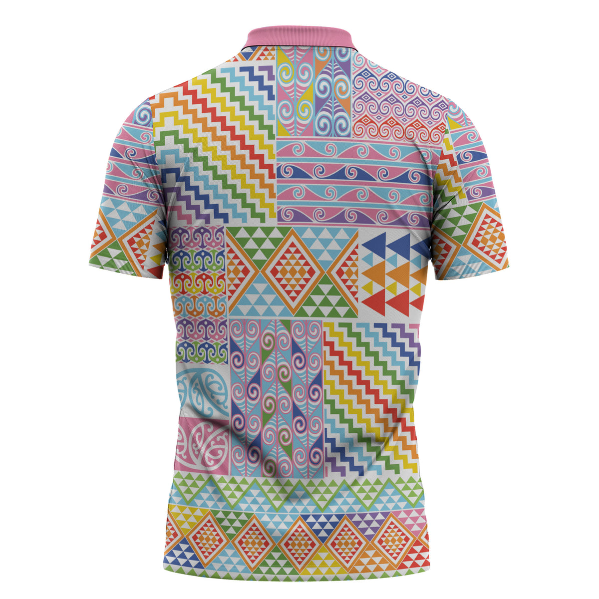 Aotearoa Kowhaiwhai Taniko Patchwork Rainbow Motifs Zipper Polo Shirt LT9 - Polynesian Pride
