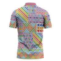 Aotearoa Kowhaiwhai Taniko Patchwork Rainbow Motifs Zipper Polo Shirt LT9 - Polynesian Pride