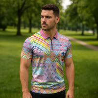 Aotearoa Kowhaiwhai Taniko Patchwork Rainbow Motifs Zipper Polo Shirt LT9 - Polynesian Pride