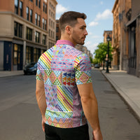 Aotearoa Kowhaiwhai Taniko Patchwork Rainbow Motifs Zipper Polo Shirt LT9 - Polynesian Pride