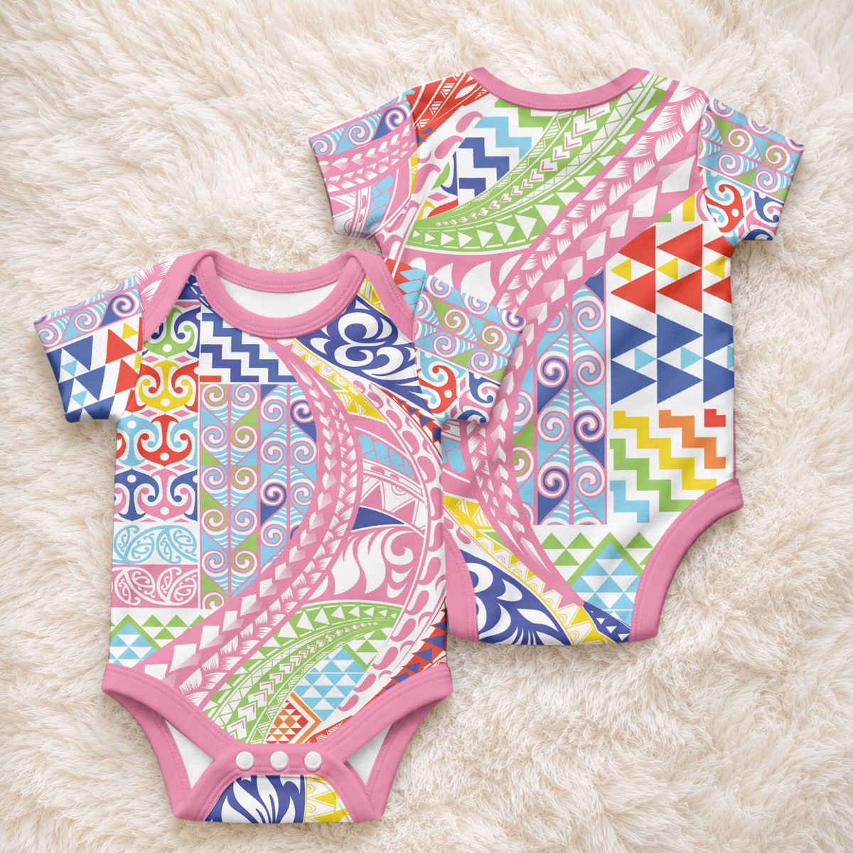 Maori Kowhaiwhai Taniko Patchwork Rainbow Motifs Baby Onesie LT9 - Polynesian Pride