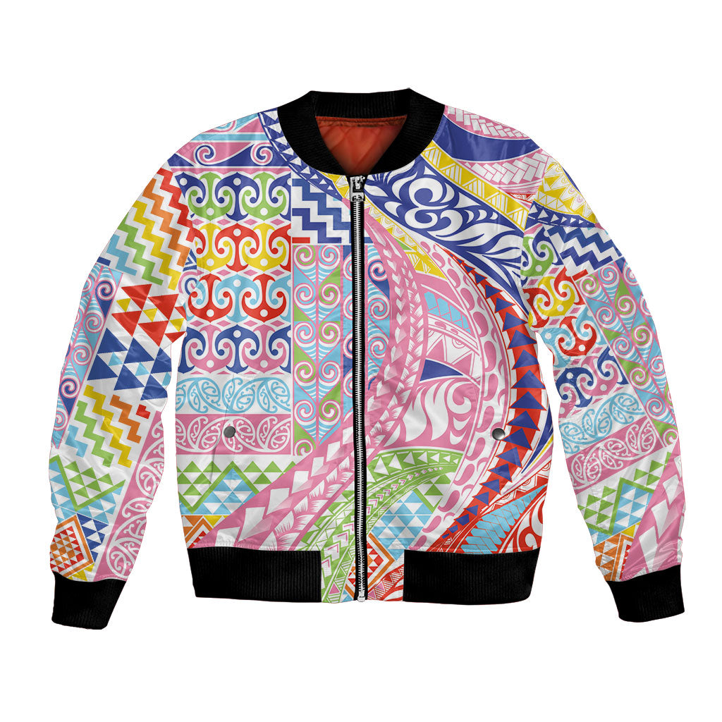 Maori Kowhaiwhai Taniko Patchwork Rainbow Motifs Bomber Jacket LT9 Unisex Rainbow - Polynesian Pride