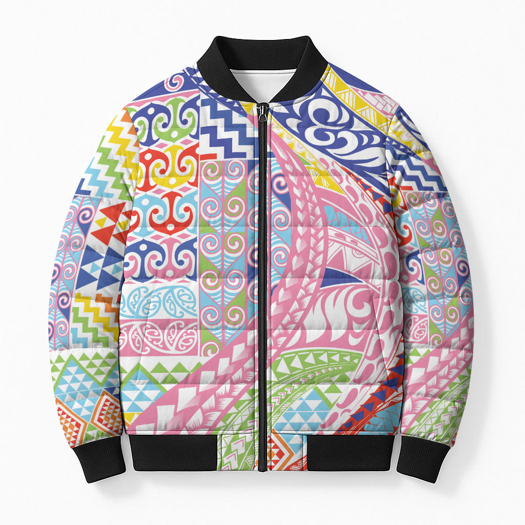 Maori Kowhaiwhai Taniko Patchwork Rainbow Motifs Bomber Puffer Jacket