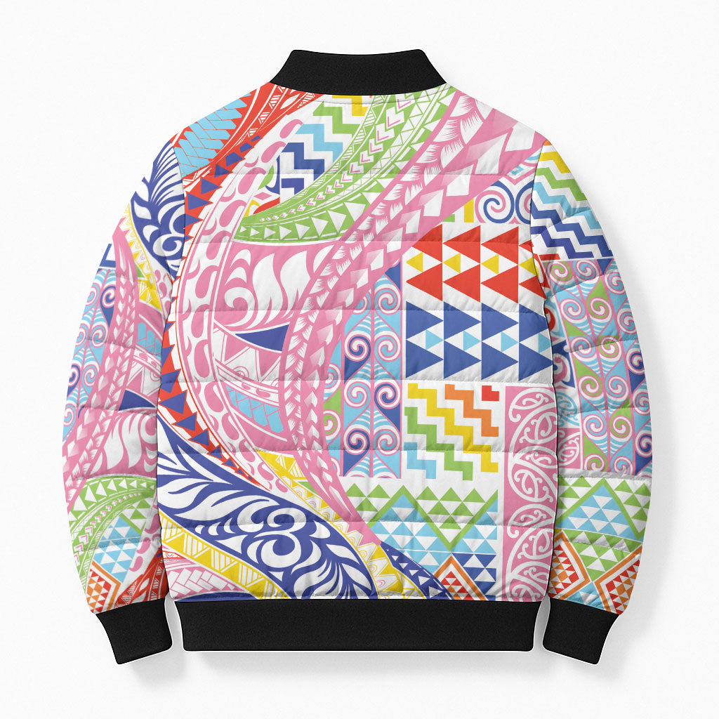 Maori Kowhaiwhai Taniko Patchwork Rainbow Motifs Bomber Puffer Jacket