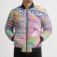 Maori Kowhaiwhai Taniko Patchwork Rainbow Motifs Bomber Puffer Jacket
