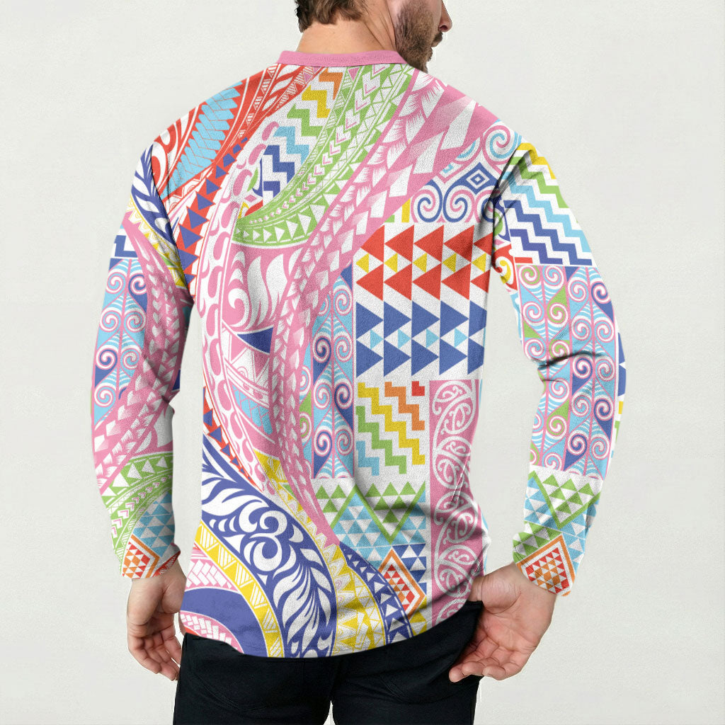 Maori Kowhaiwhai Taniko Patchwork Rainbow Motifs Button Sweatshirt