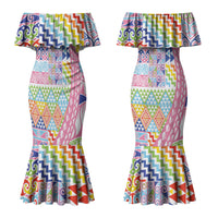 Maori Kowhaiwhai Taniko Patchwork Rainbow Motifs Couples Matching Mermaid Dress and Long Sleeve Button Shirt LT9 - Polynesian Pride