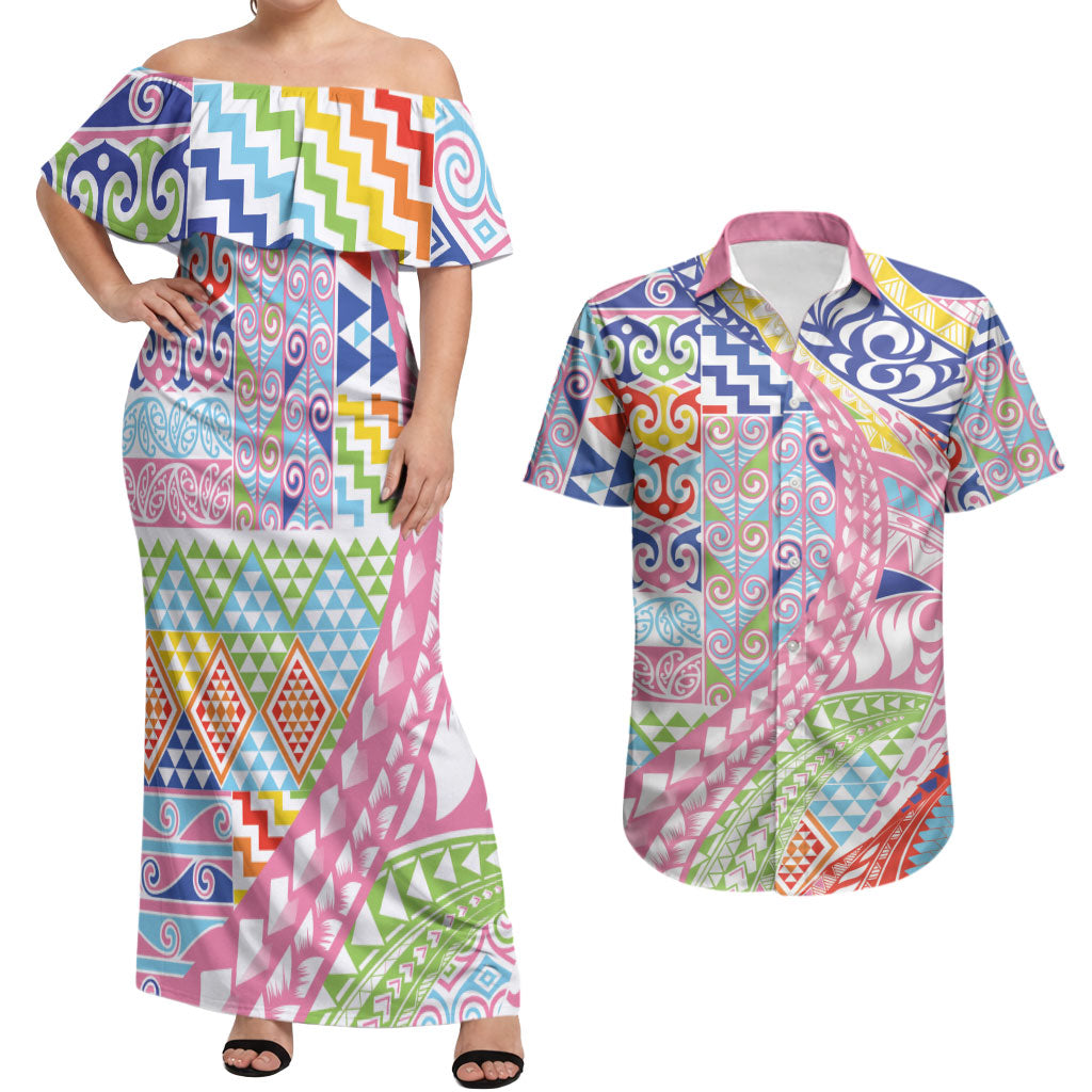 Maori Kowhaiwhai Taniko Patchwork Rainbow Motifs Couples Matching Off Shoulder Maxi Dress and Hawaiian Shirt LT9 Rainbow - Polynesian Pride