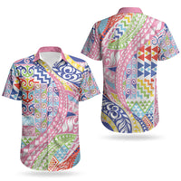 Maori Kowhaiwhai Taniko Patchwork Rainbow Motifs Couples Matching Off Shoulder Maxi Dress and Hawaiian Shirt LT9 - Polynesian Pride