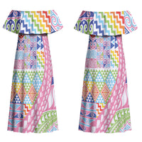 Maori Kowhaiwhai Taniko Patchwork Rainbow Motifs Couples Matching Off Shoulder Maxi Dress and Hawaiian Shirt LT9 - Polynesian Pride
