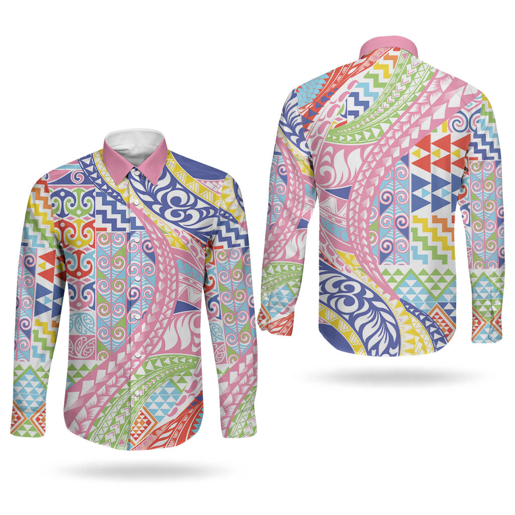 Maori Kowhaiwhai Taniko Patchwork Rainbow Motifs Couples Matching Summer Maxi Dress and Long Sleeve Button Shirt LT9 - Polynesian Pride