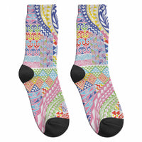 Maori Kowhaiwhai Taniko Patchwork Rainbow Motifs Crew Socks LT9 - Polynesian Pride