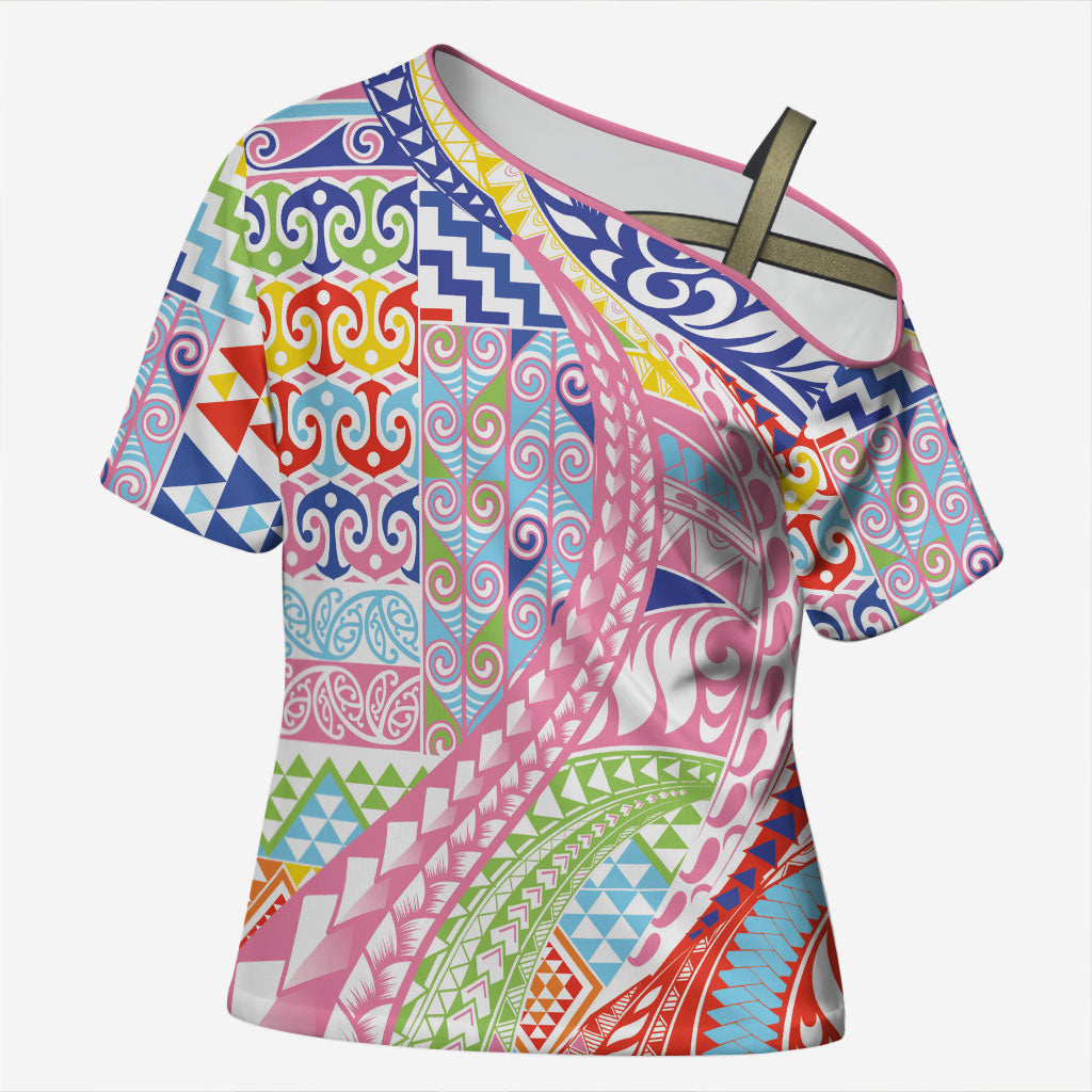 Maori Kowhaiwhai Taniko Patchwork Rainbow Motifs Cross Shoulder Shirt LT9 Female Rainbow - Polynesian Pride