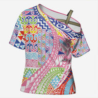Maori Kowhaiwhai Taniko Patchwork Rainbow Motifs Cross Shoulder Shirt LT9 Female Rainbow - Polynesian Pride
