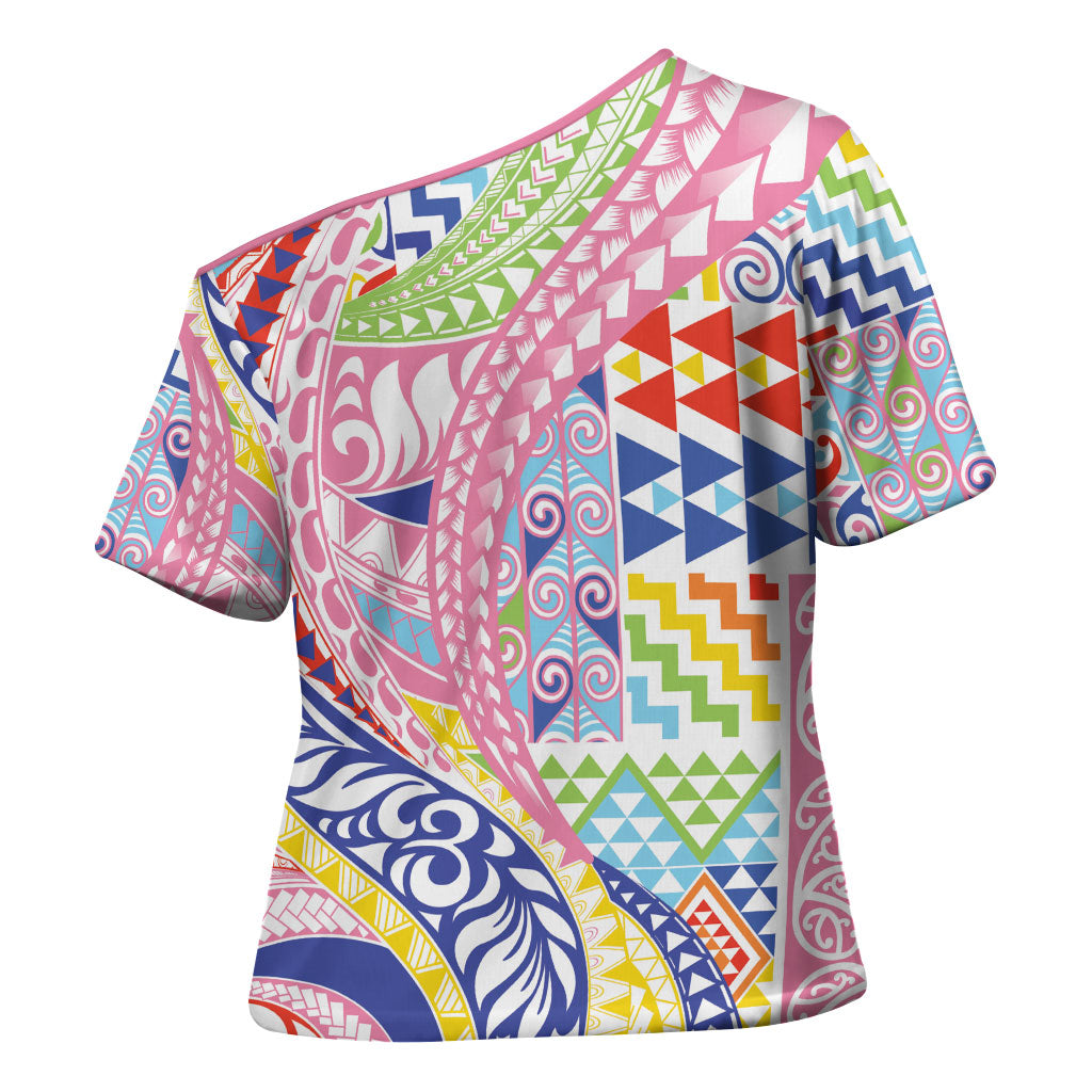 Maori Kowhaiwhai Taniko Patchwork Rainbow Motifs Cross Shoulder Shirt LT9 - Polynesian Pride