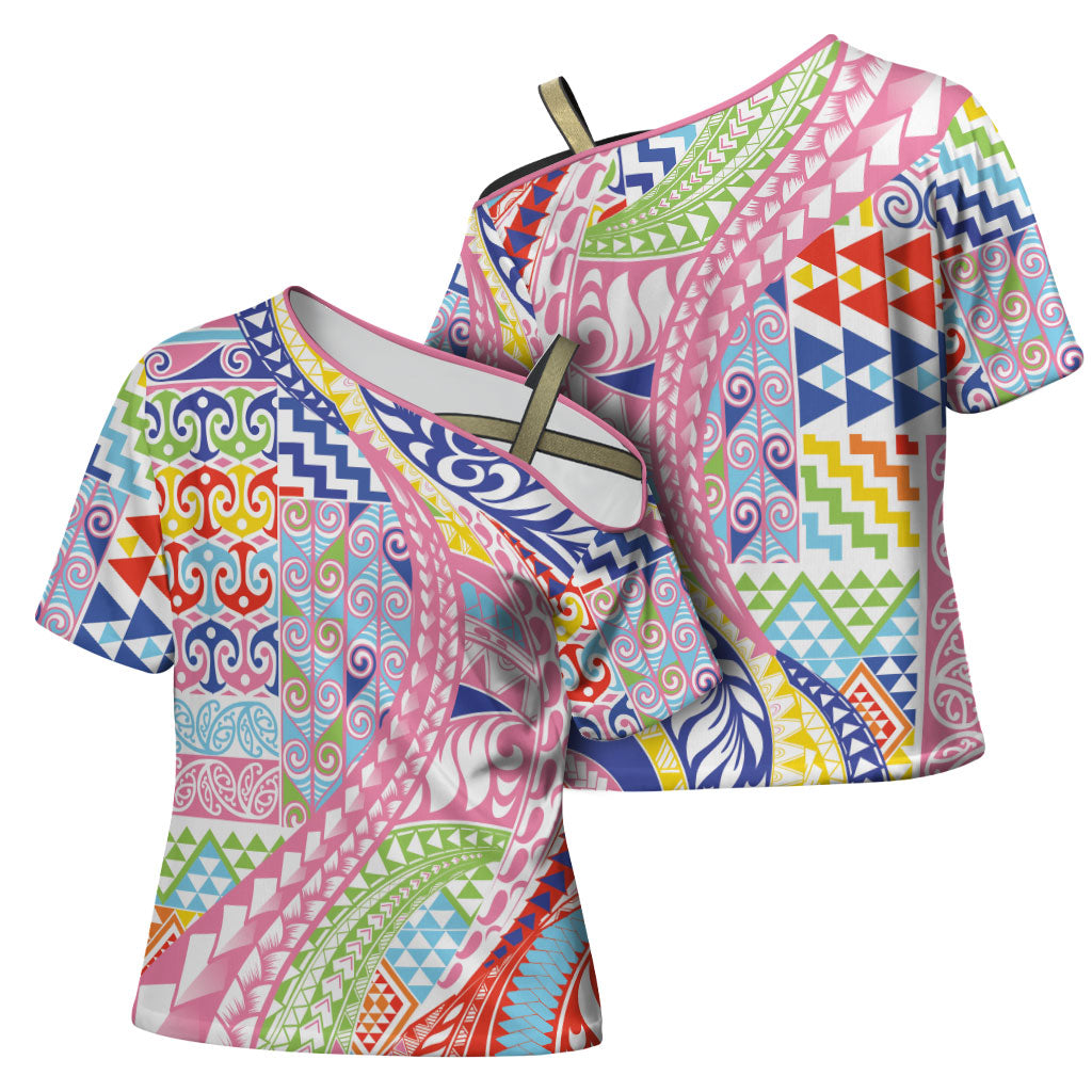 Maori Kowhaiwhai Taniko Patchwork Rainbow Motifs Cross Shoulder Shirt LT9 - Polynesian Pride