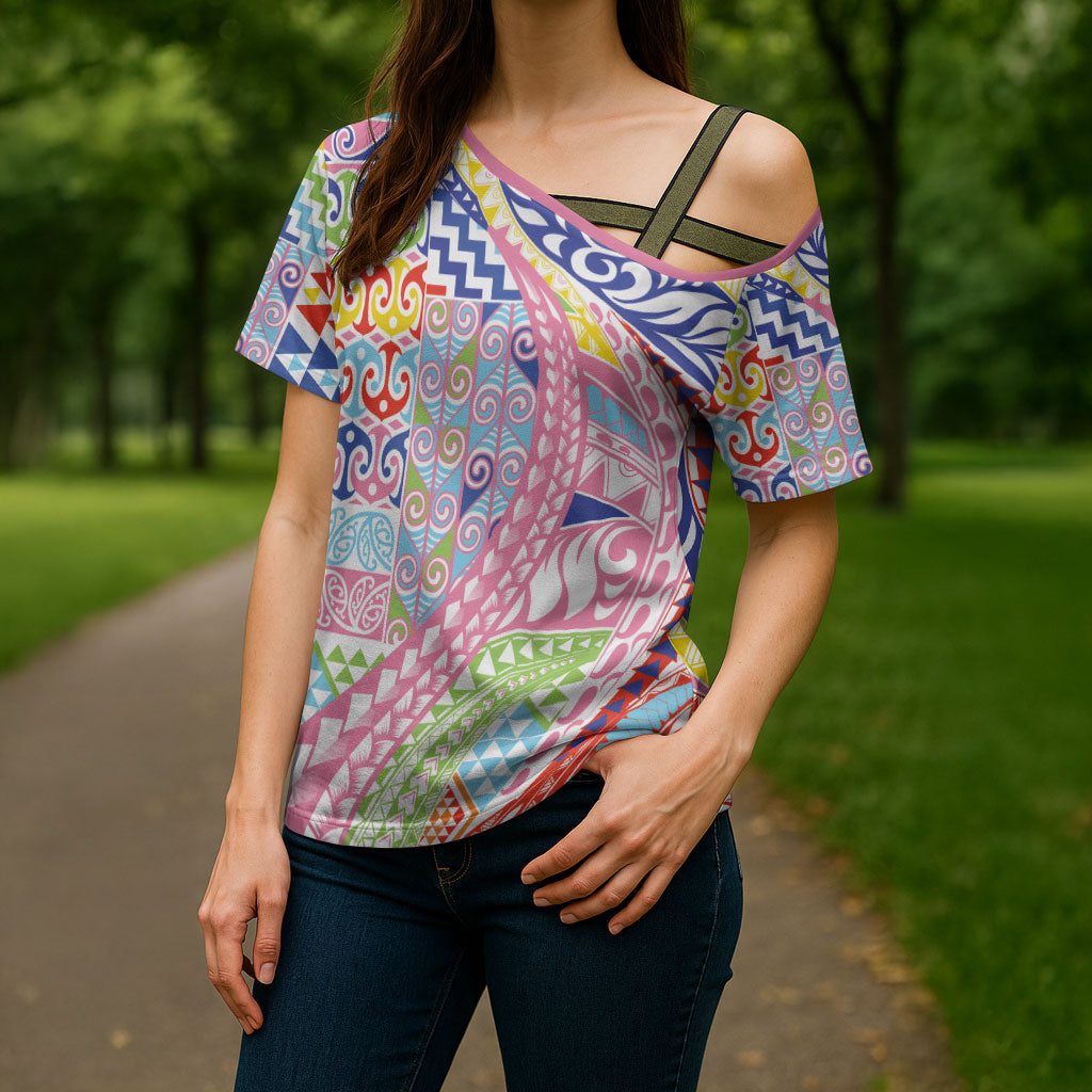 Maori Kowhaiwhai Taniko Patchwork Rainbow Motifs Cross Shoulder Shirt LT9 - Polynesian Pride