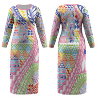 Maori Kowhaiwhai Taniko Patchwork Rainbow Motifs Family Matching Long Sleeve Bodycon Dress and Hawaiian Shirt LT9 Mom's Dress Rainbow - Polynesian Pride