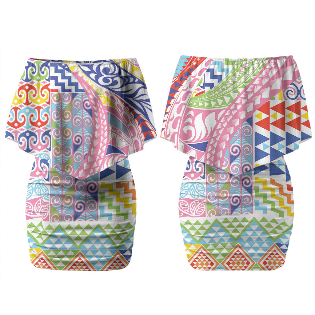 Maori Kowhaiwhai Taniko Patchwork Rainbow Motifs Family Matching Off Shoulder Short Dress and Hawaiian Shirt LT9 Mom's Dress Rainbow - Polynesian Pride
