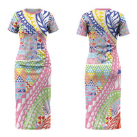 Maori Kowhaiwhai Taniko Patchwork Rainbow Motifs Family Matching Short Sleeve Bodycon Dress and Hawaiian Shirt LT9 Mom's Dress Rainbow - Polynesian Pride