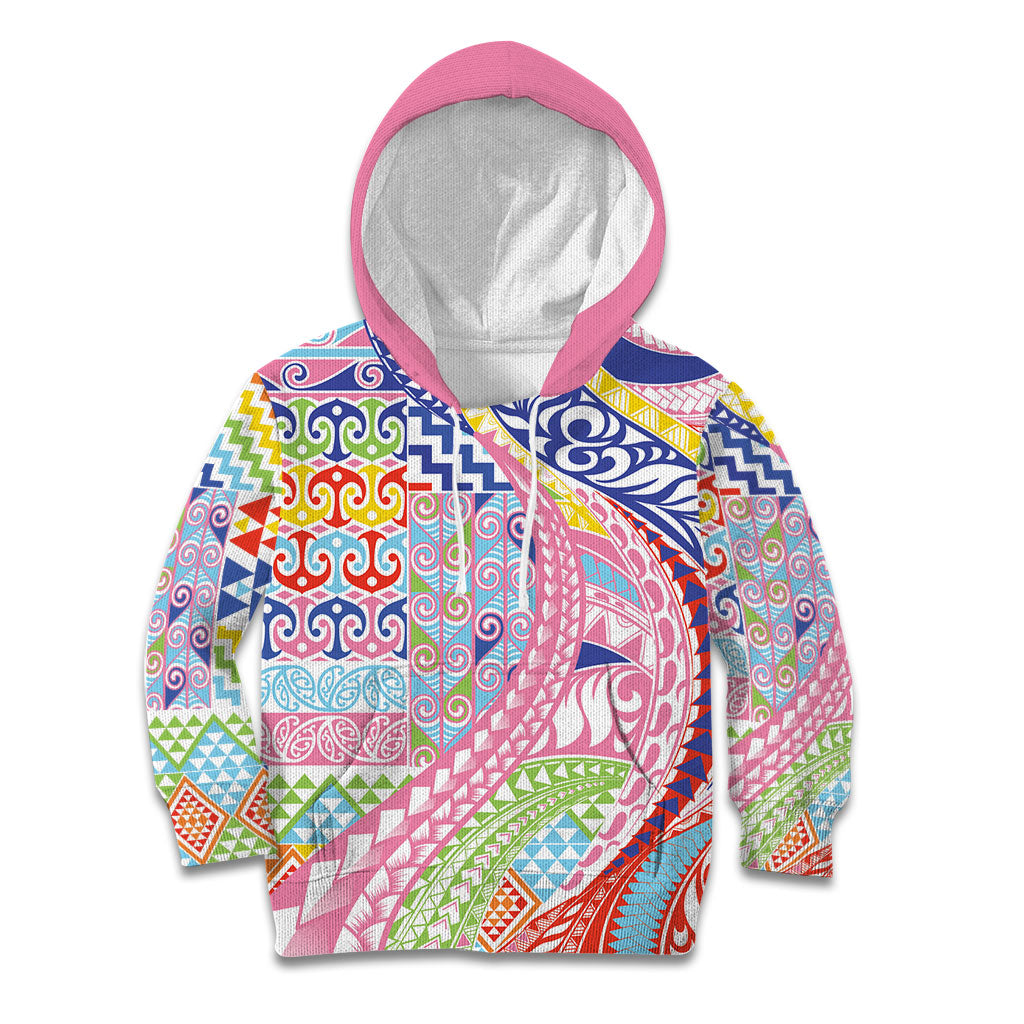 Maori Kowhaiwhai Taniko Patchwork Rainbow Motifs Kid Hoodie LT9 Hoodie Rainbow - Polynesian Pride
