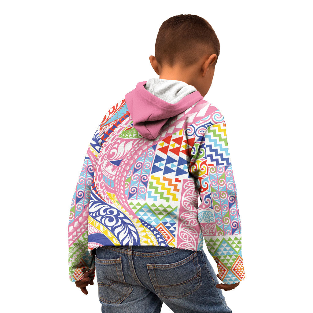 Maori Kowhaiwhai Taniko Patchwork Rainbow Motifs Kid Hoodie LT9 - Polynesian Pride