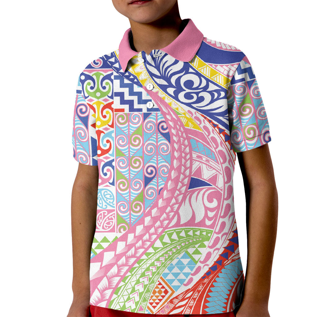 Maori Kowhaiwhai Taniko Patchwork Rainbow Motifs Kid Polo Shirt LT9 Kid Rainbow - Polynesian Pride