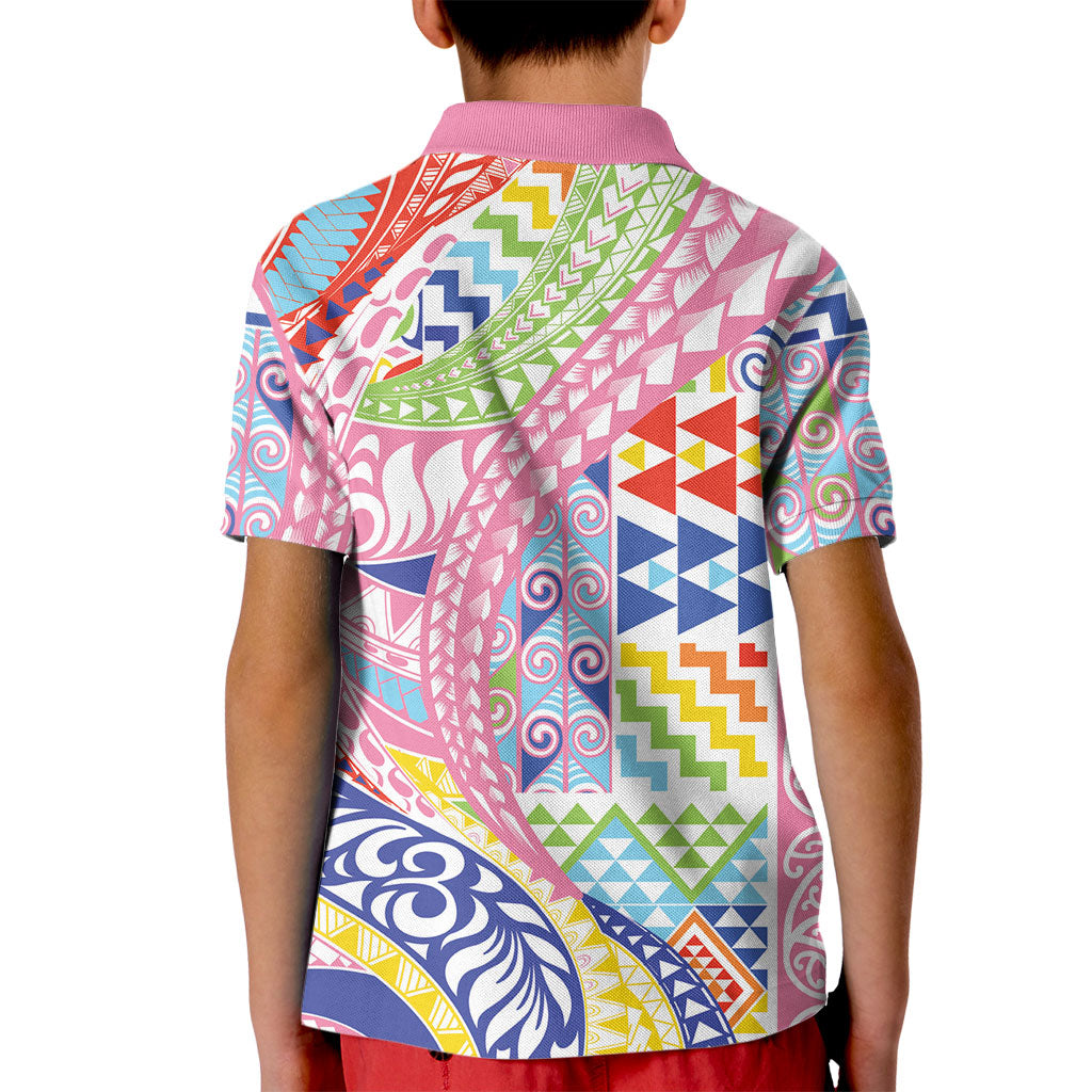 Maori Kowhaiwhai Taniko Patchwork Rainbow Motifs Kid Polo Shirt LT9 - Polynesian Pride