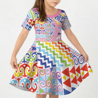 Maori Kowhaiwhai Taniko Patchwork Rainbow Motifs Kid Short Sleeve Dress LT9 KID Rainbow - Polynesian Pride